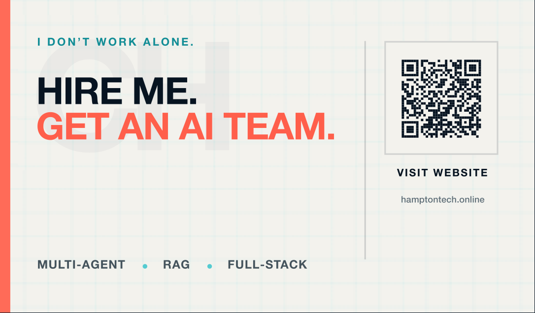 Back of Charles Hampton's business card with AI team message and website QR code